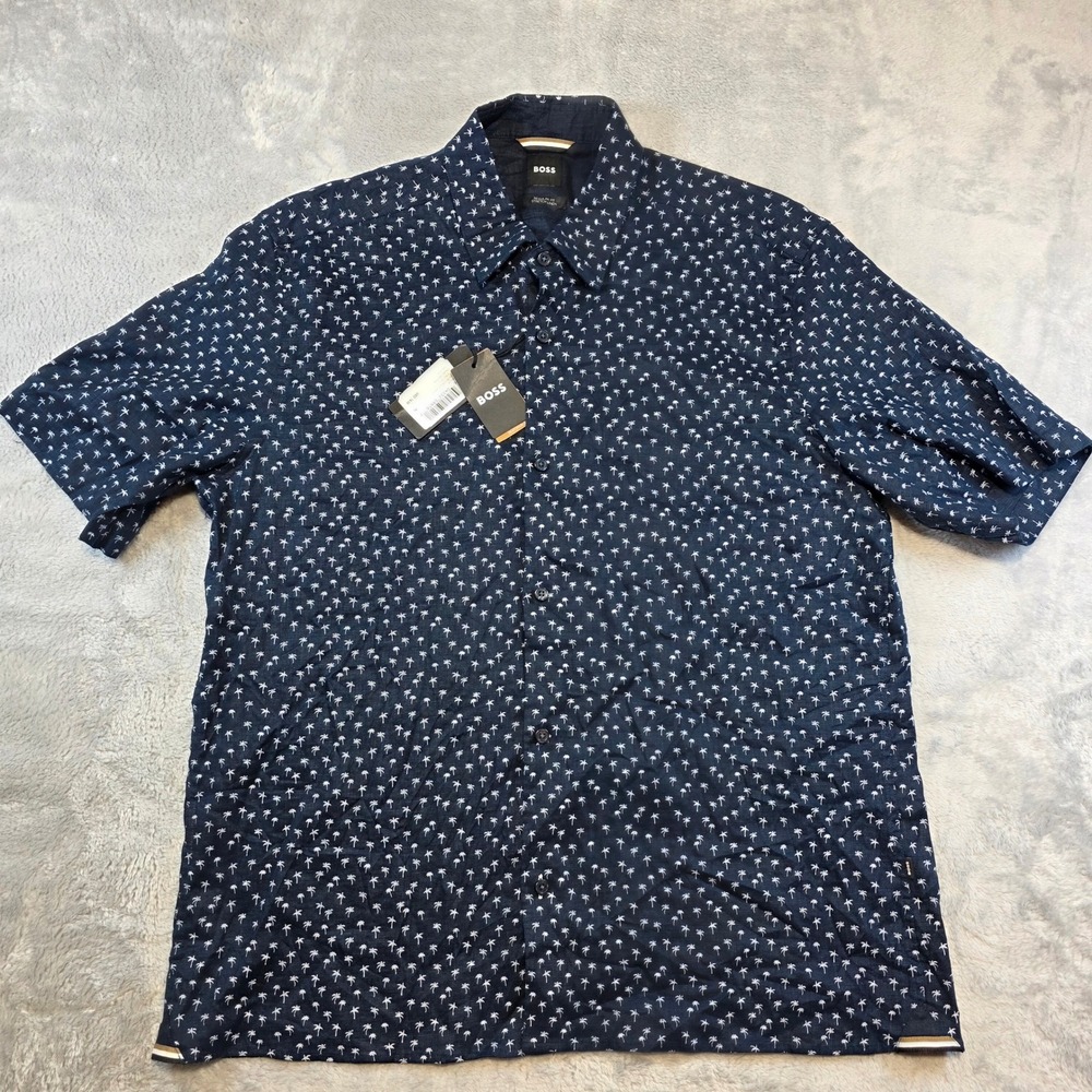 BOSS Men XL Dark Blue Shirt Lukka 24F Stretch Linen Palm Tree Short Sleeve